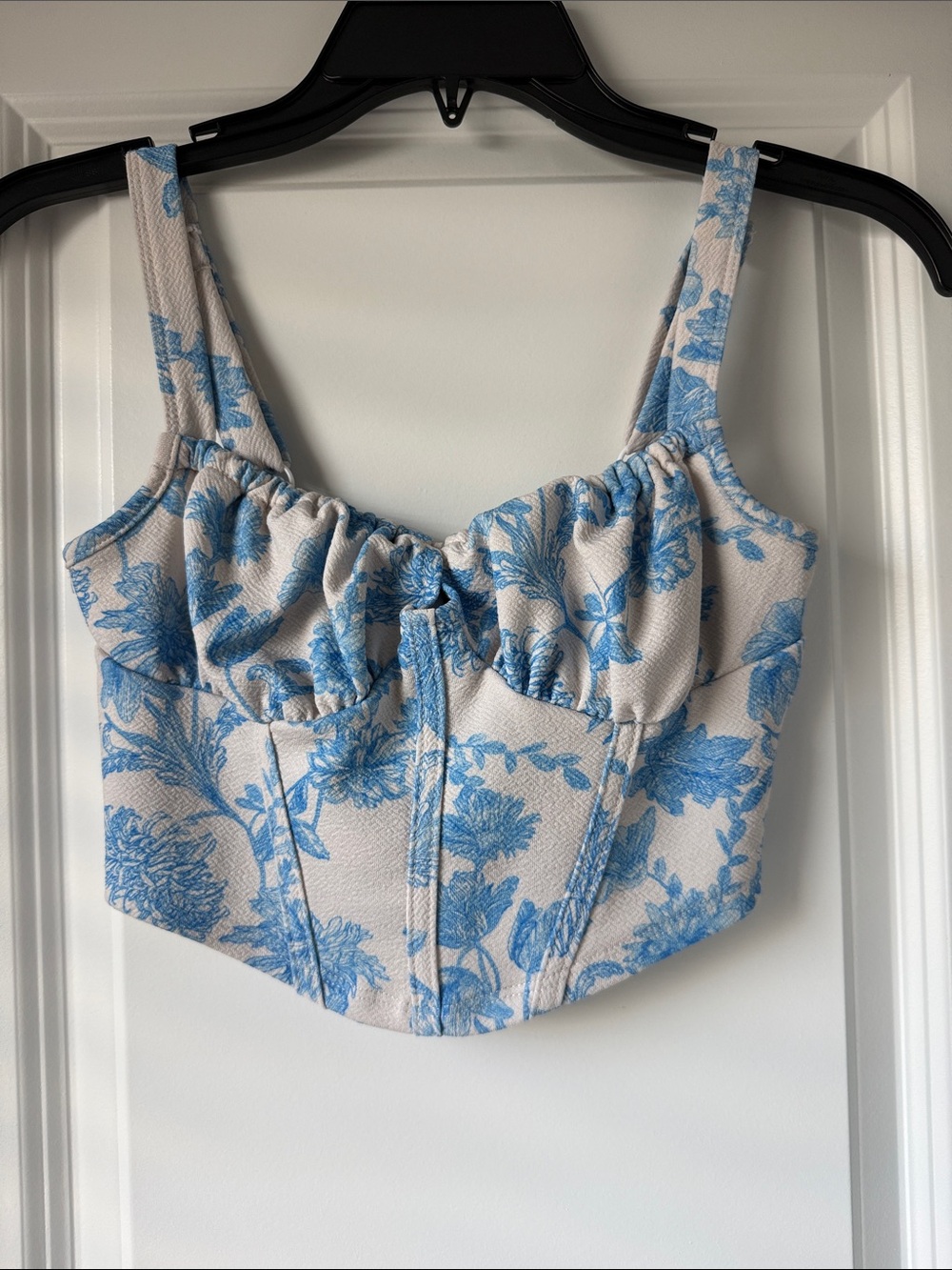 Blue Floral Ruched Bustier Crop Top and skirt